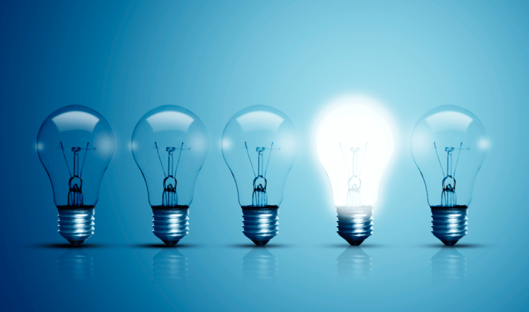 Five lightbulbs with one lit to demonstrate event ideas