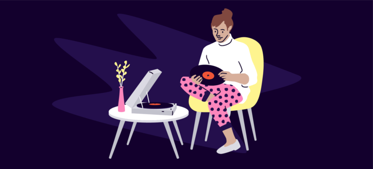 A graphic of a person putting a record on a turntable.